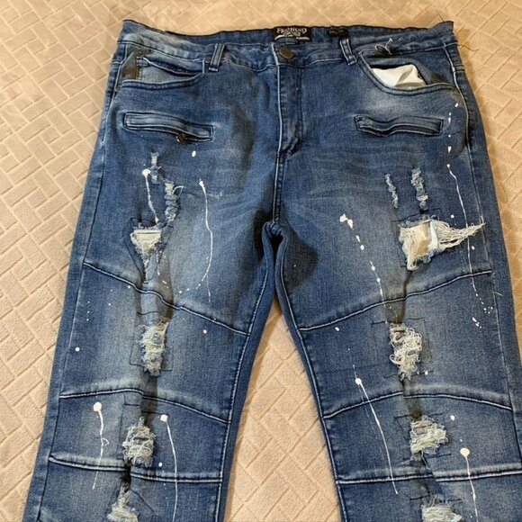 Freehold Mens 40x30 Denim Jeans Blue Skinny Distressed Paint Splatter Stretch - Picture 2 of 13